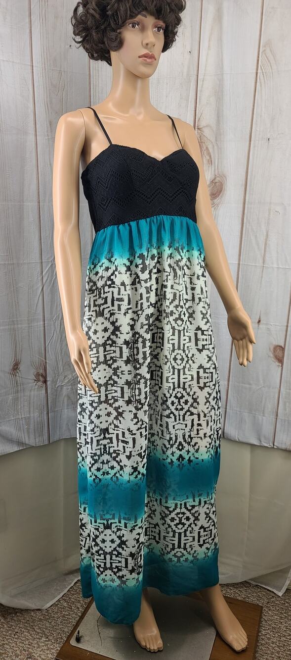 3 Pink Hearts Women L Black & Teal Crochet Bodice Sheer w/Lining Maxi Dress